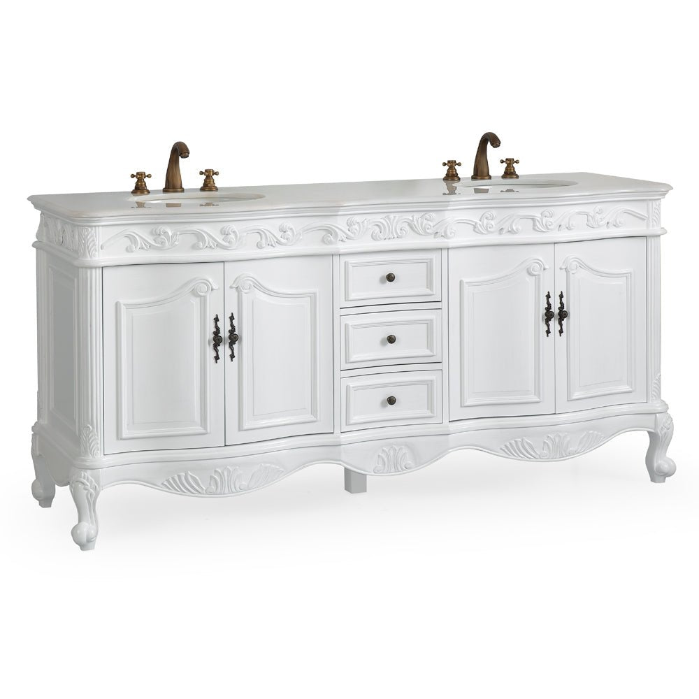 Chans Furniture CF-3882W-AW-72 72 Inch Antique White Traditional Style Double Sink White Top Beckham Bathroom Vanity