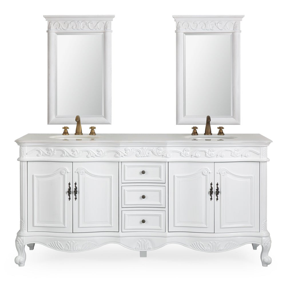 Chans Furniture CF-3882W-AW-72 72 Inch Antique White Traditional Style Double Sink White Top Beckham Bathroom Vanity
