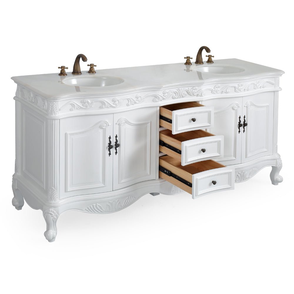 Chans Furniture CF-3882W-AW-72 72 Inch Antique White Traditional Style Double Sink White Top Beckham Bathroom Vanity