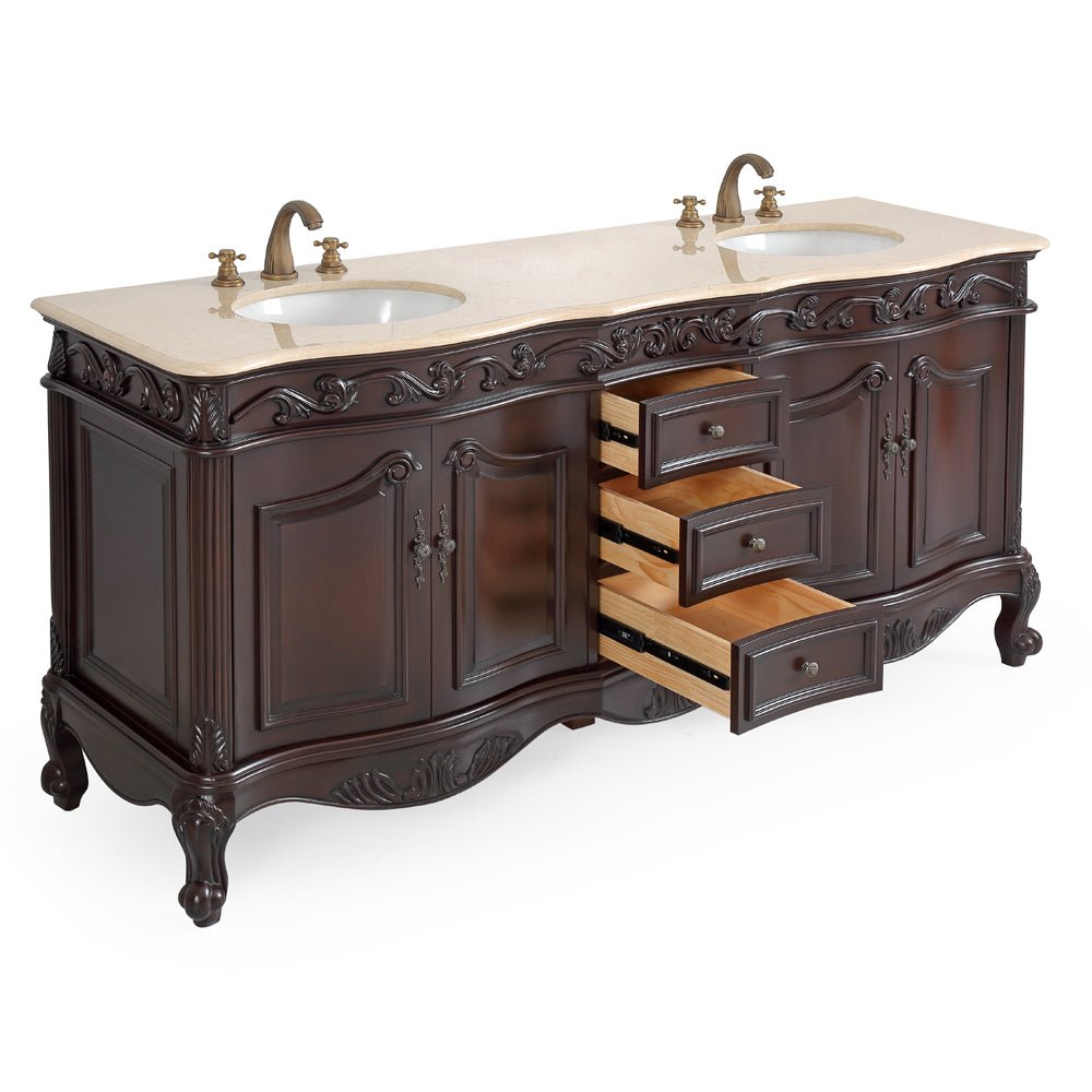 Chans Furniture CF-3882M-TK-72 72 Inch Brown Antique Traditional Style Double Sink Cream Top Beckham Bathroom Vanity