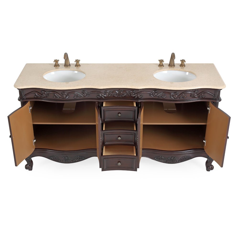 Chans Furniture CF-3882M-TK-72 72 Inch Brown Antique Traditional Style Double Sink Cream Top Beckham Bathroom Vanity