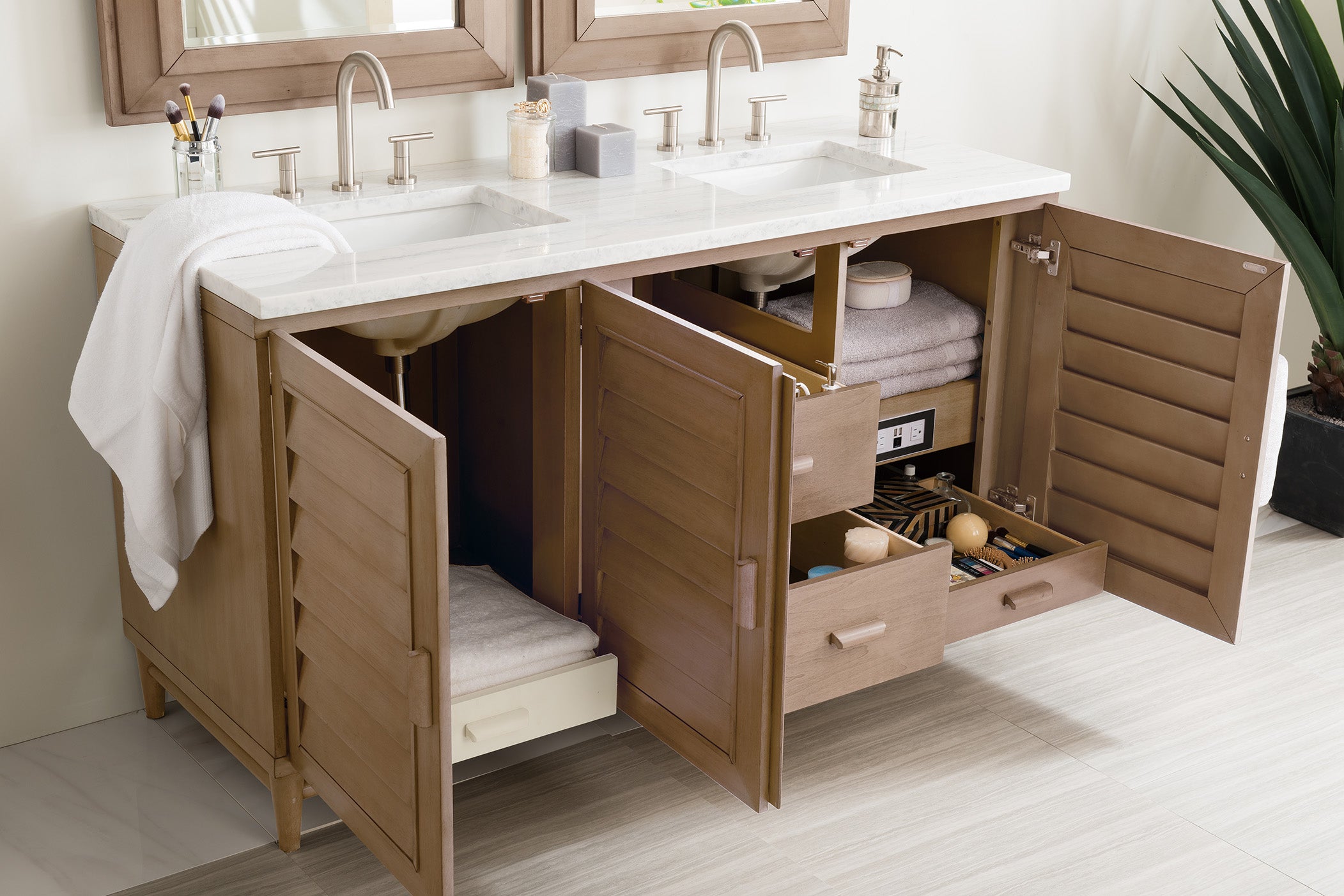 James Martin Portland 60" Double Vanity in Whitewashed Walnut with 3cm Countertop