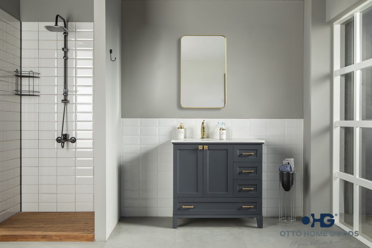 Paloma 36" Dark Gray Bathroom Vanity with Quartz Top & Gold Hardware