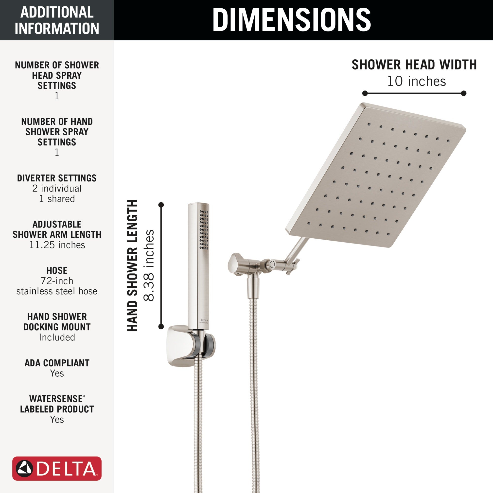 Delta Universal Showering Components 10 inch Raincan Shower Head & Hand Held Combo with Adjustable Extension Arm