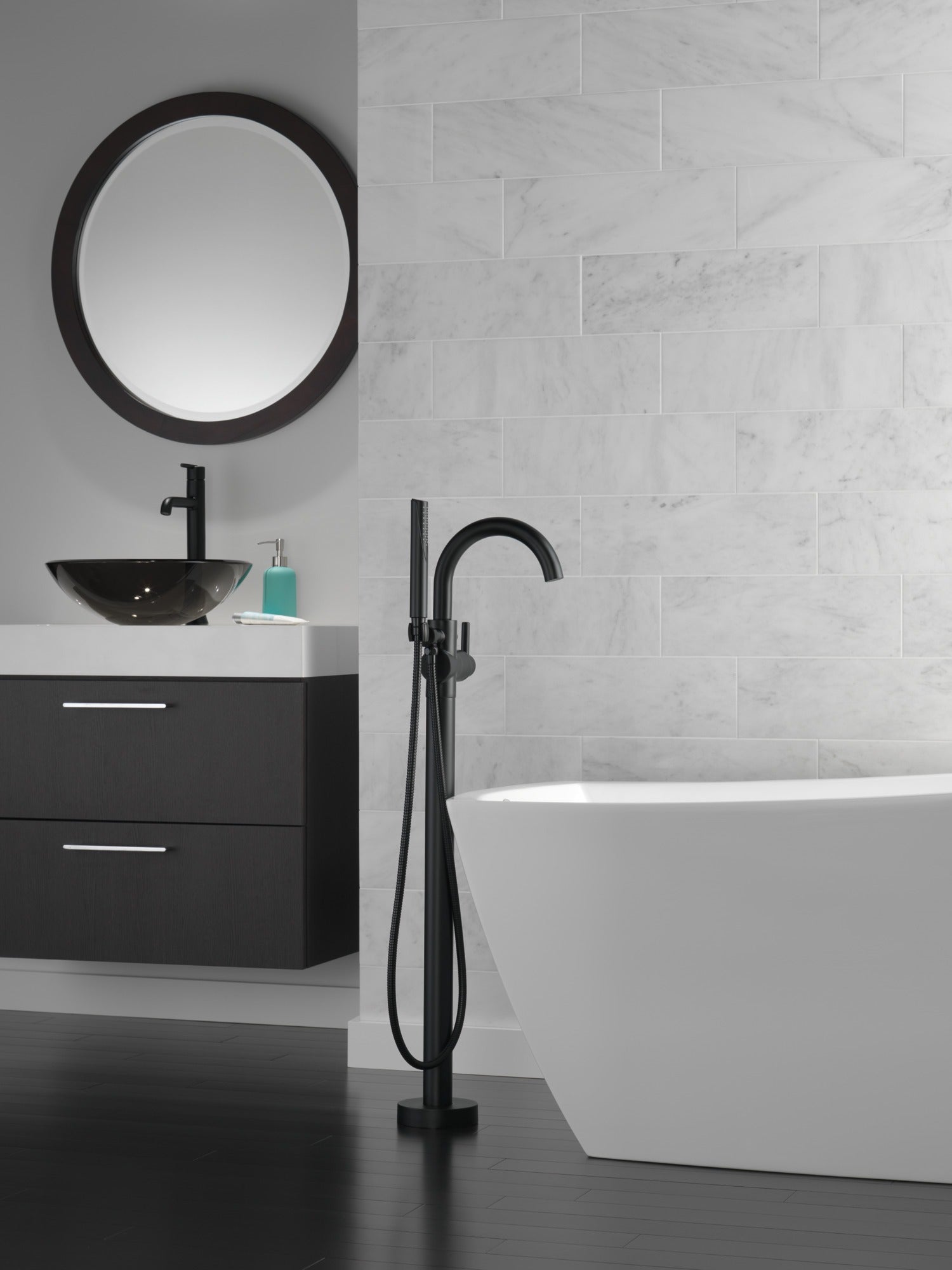 Delta Trinsic® Single Handle Floor Mount Tub Filler Trim with Hand Shower