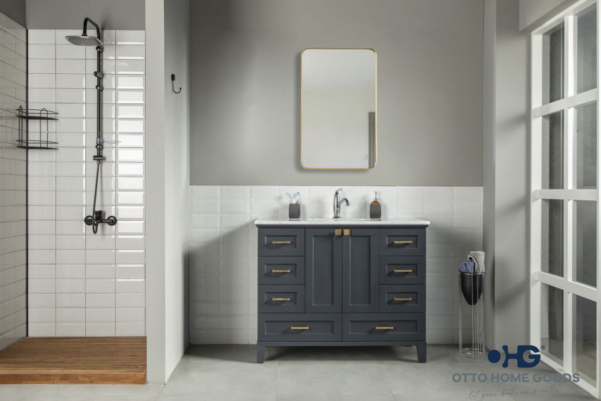 Paloma 42" Dark Gray Bathroom Vanity with Quartz Top & Gold Hardware
