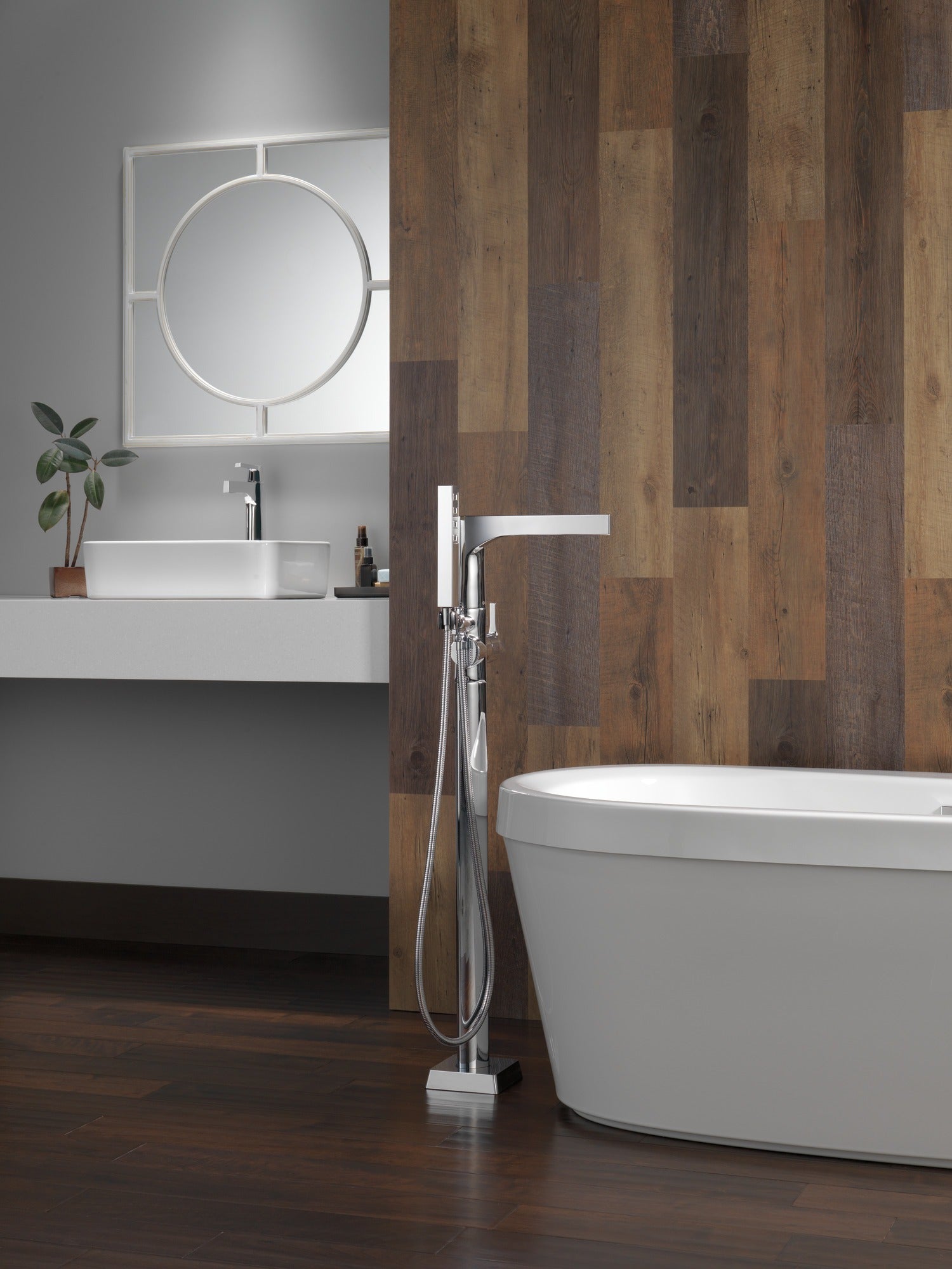 Delta Zura® Single Handle Floor Mount Tub Filler Trim with Hand Shower