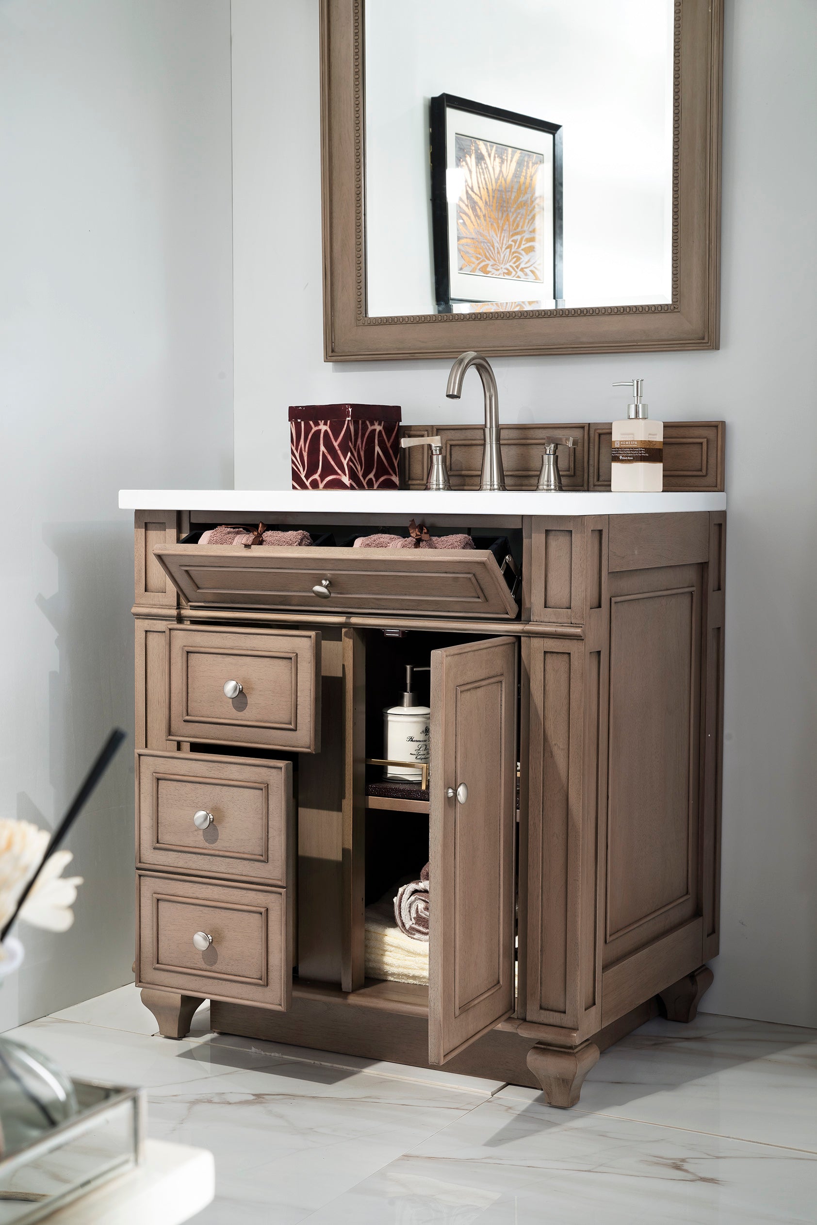 James Martin Bristol 30" Single Vanity in Whitewashed Walnut with 3cm Countertop