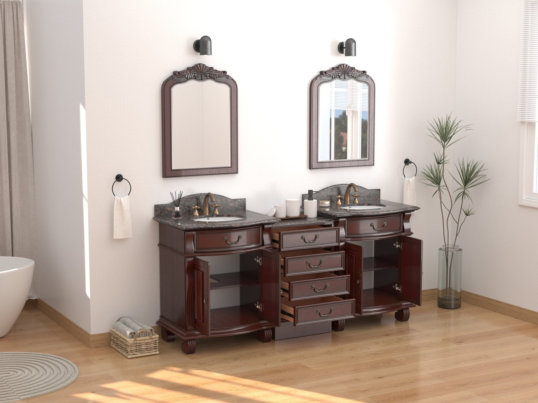 Chans Furniture GD4437-30SB-SET-CT20 78 Inch Traditional Style Solid Wood Hopkinton Double Sink Bathroom Vanity Set With Baltic Brown Top