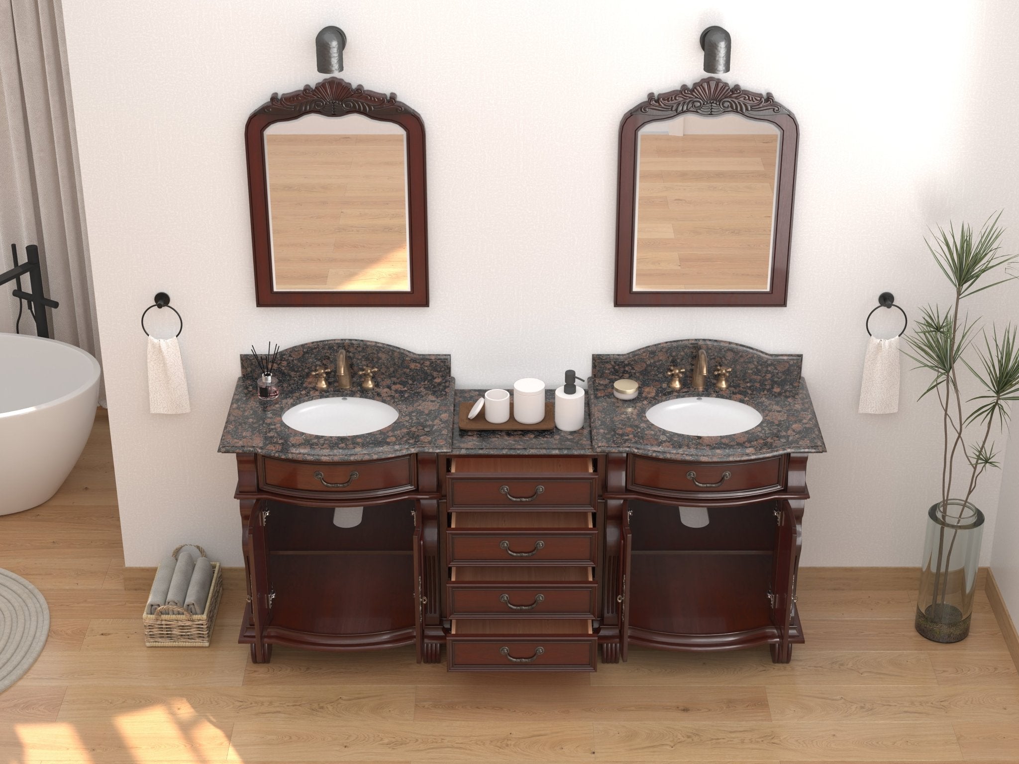 Chans Furniture GD4437-30SB-SET-CT20 78 Inch Traditional Style Solid Wood Hopkinton Double Sink Bathroom Vanity Set With Baltic Brown Top