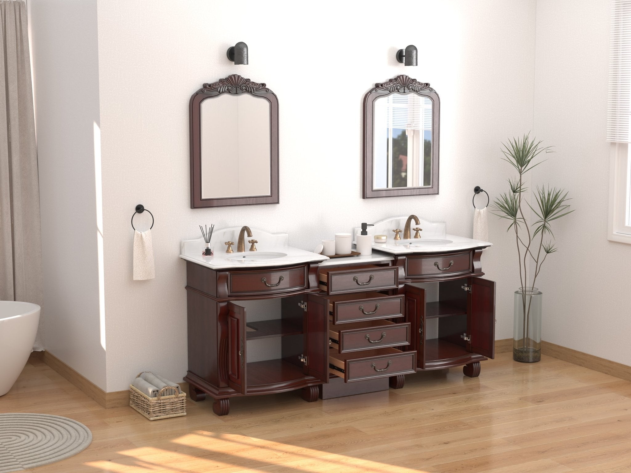 Chans Furniture GD4437-30W-SET-CT20 78 Inch Traditional Style Solid Wood Hopkinton Double Sink Bathroom Vanity Set With White Marble Top