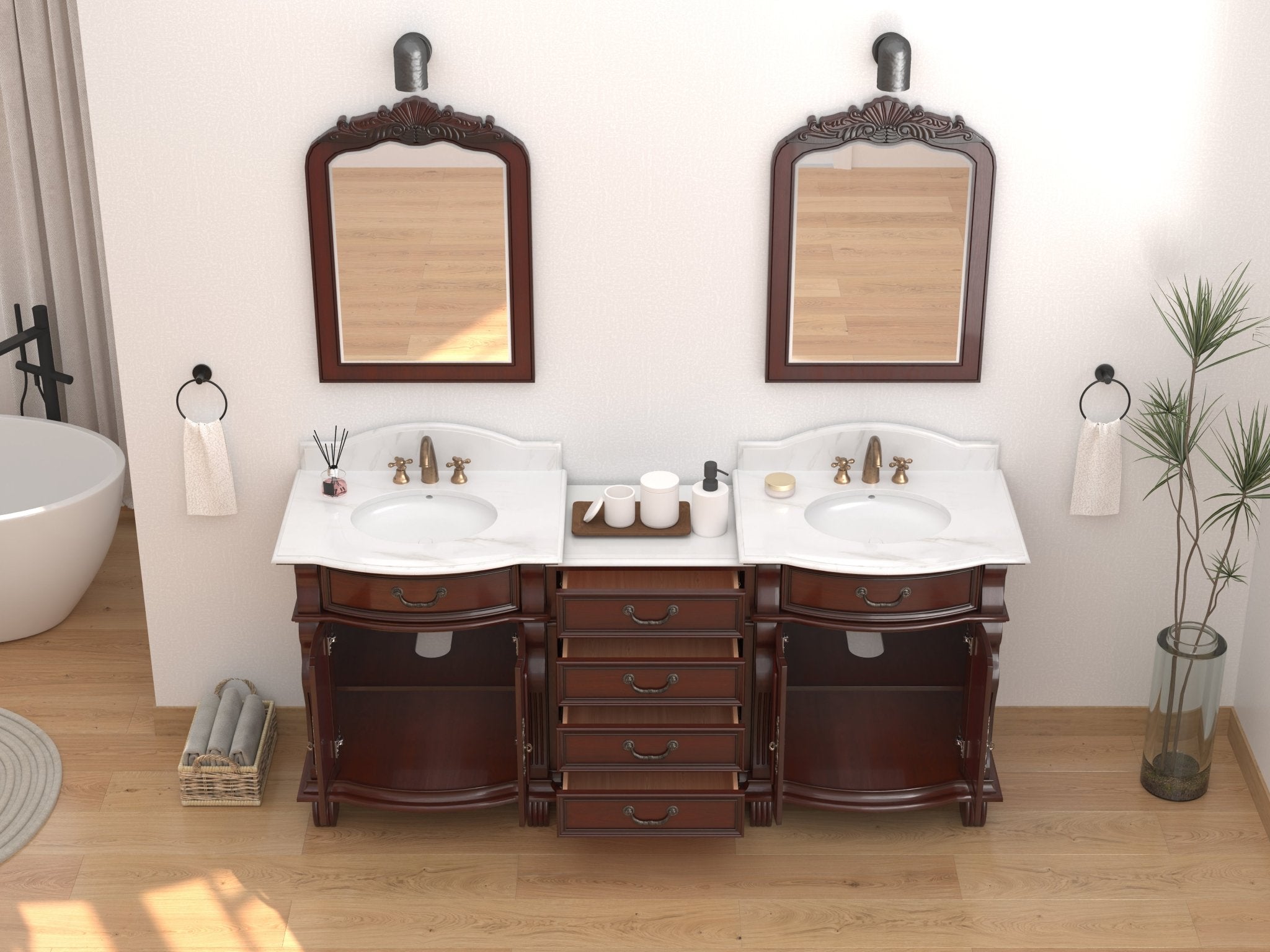 Chans Furniture GD4437-30W-SET-CT20 78 Inch Traditional Style Solid Wood Hopkinton Double Sink Bathroom Vanity Set With White Marble Top