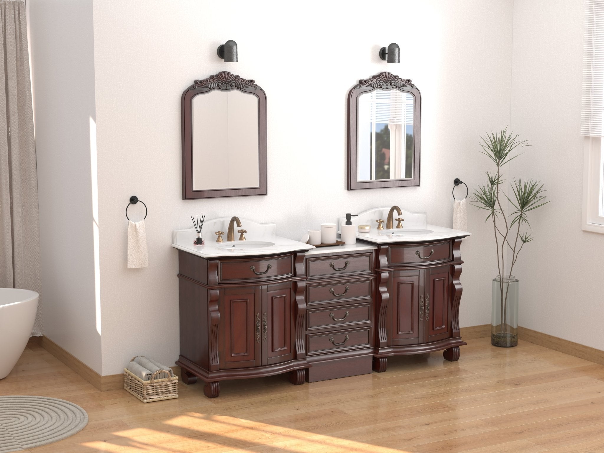 Chans Furniture GD4437-30W-SET-CT20 78 Inch Traditional Style Solid Wood Hopkinton Double Sink Bathroom Vanity Set With White Marble Top