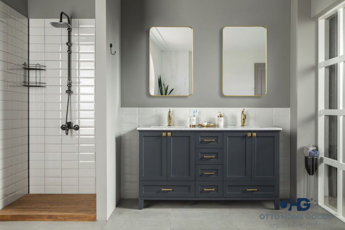 Paloma 60" Dark Gray Double Bathroom Vanity with Quartz Top & Gold Hardware