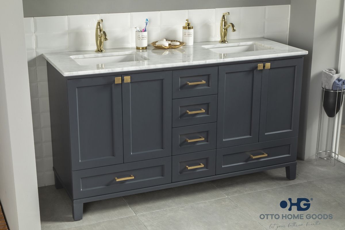 Paloma 60" Dark Gray Double Bathroom Vanity with Quartz Top & Gold Hardware