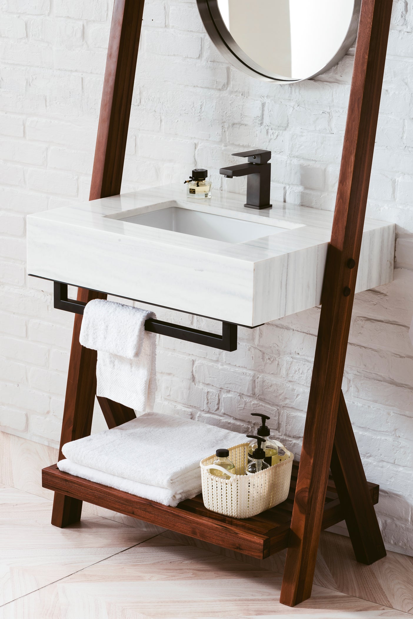 James Martin Lakeside 30" Single Vanity in Mid-Century Walnut with Arctic Fall Solid Surface Top