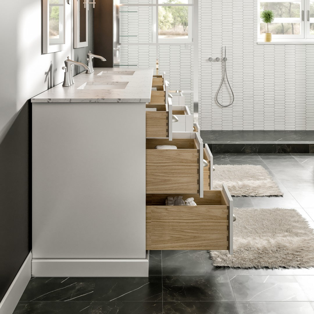 Eviva Epic Bath Vanity with Carrara Quartz Top and Undermount Porcelain Sinks (48"-100")