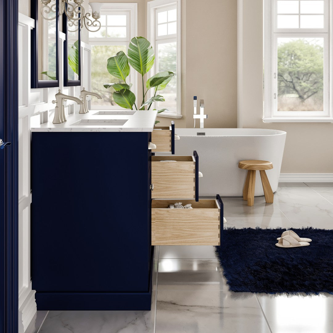 Eviva Epic Bath Vanity with Carrara Quartz Top and Undermount Porcelain Sinks (48"-100")