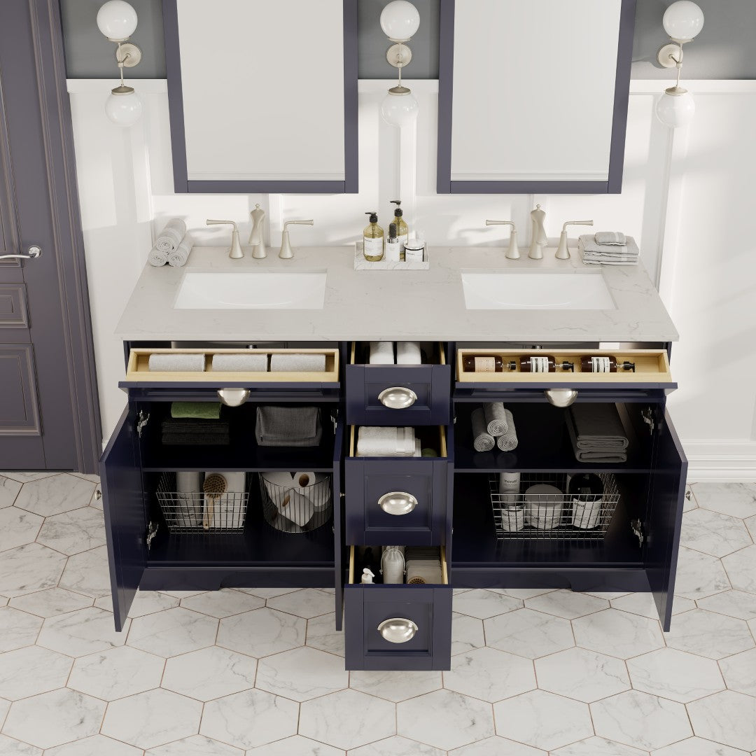Eviva Epic Bath Vanity with Carrara Quartz Top and Undermount Porcelain Sinks (48"-100")