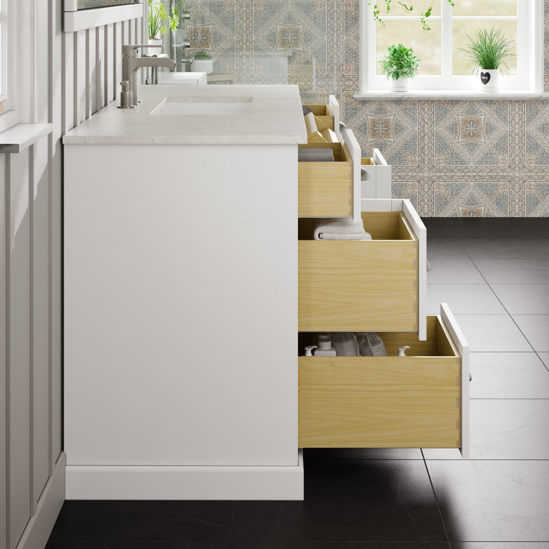 Eviva Epic Bath Vanity with Carrara Quartz Top and Undermount Porcelain Sinks (48"-100")