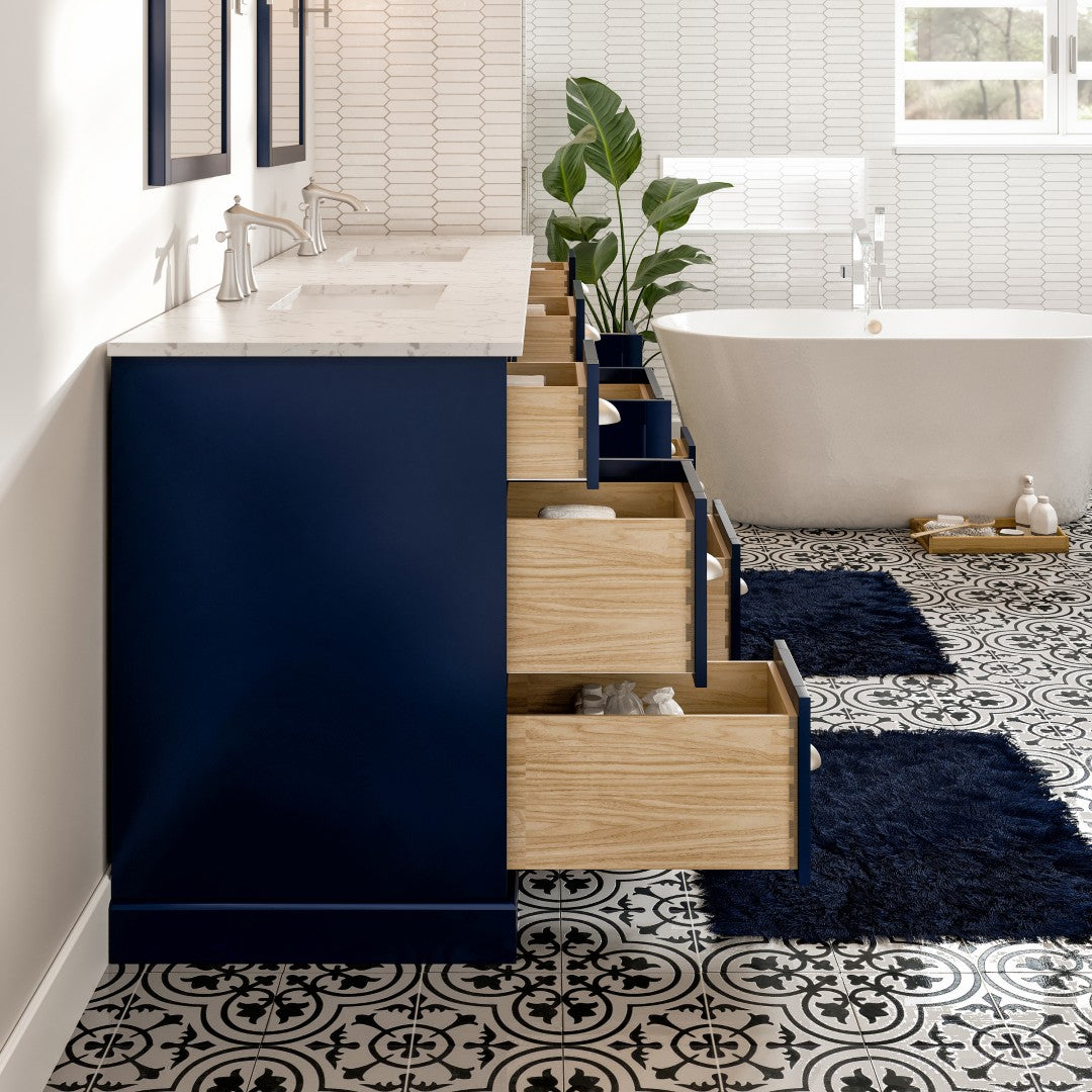 Eviva Epic Bath Vanity with Carrara Quartz Top and Undermount Porcelain Sinks (48"-100")