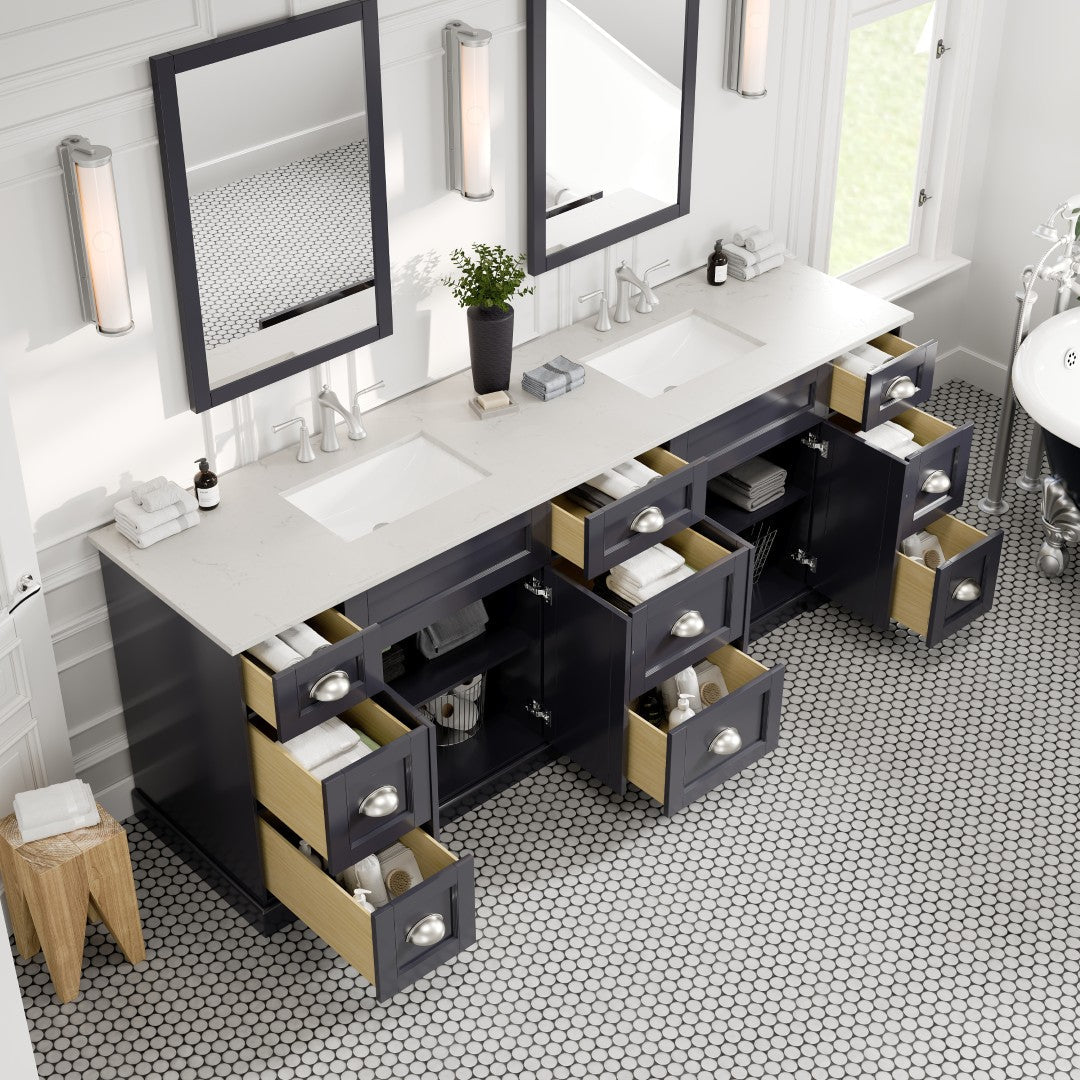 Eviva Epic Bath Vanity with Carrara Quartz Top and Undermount Porcelain Sinks (48"-100")