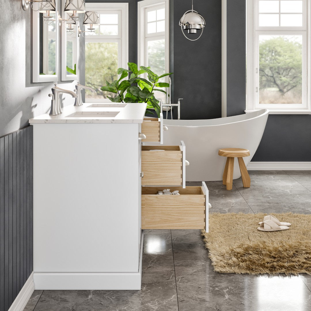 Eviva Epic Bath Vanity with Carrara Quartz Top and Undermount Porcelain Sinks (48"-100")
