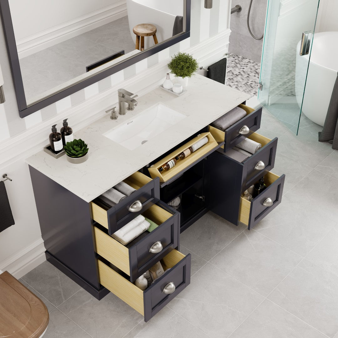 Eviva Epic Bath Vanity with Carrara Quartz Top and Undermount Porcelain Sinks (48"-100")