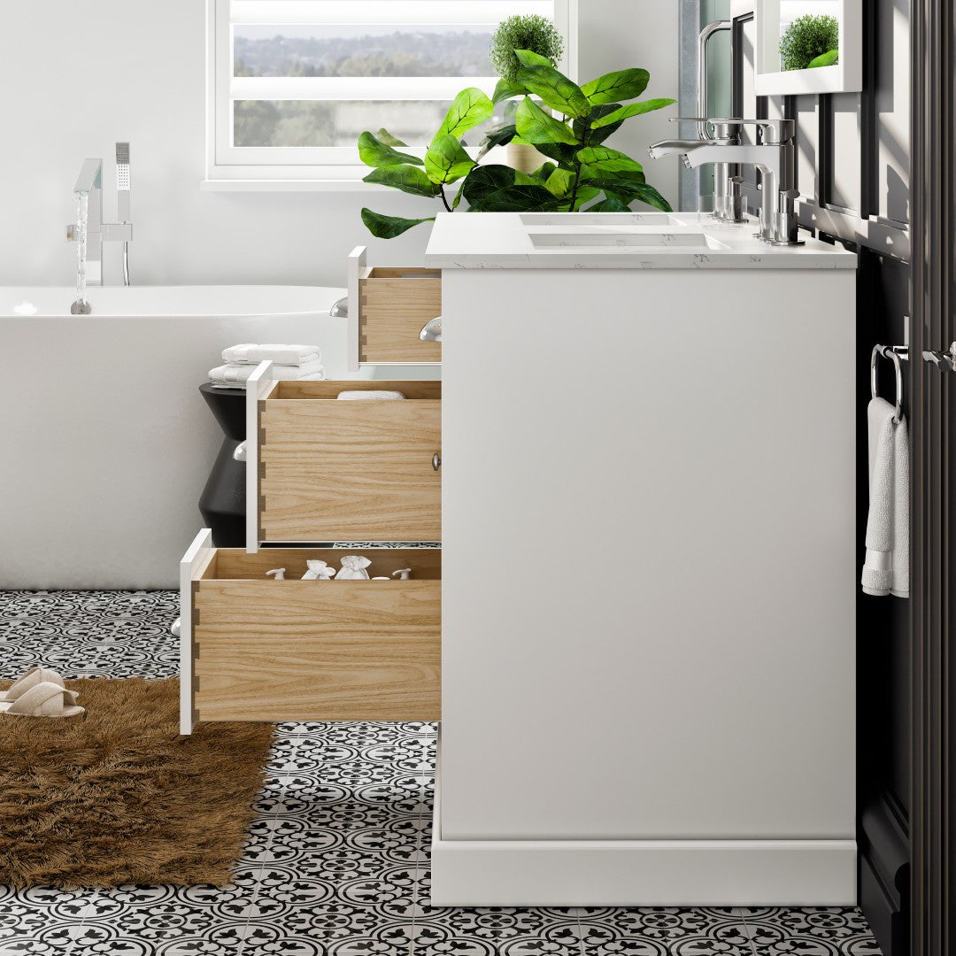 Eviva Epic Bath Vanity with Carrara Quartz Top and Undermount Porcelain Sinks (48"-100")