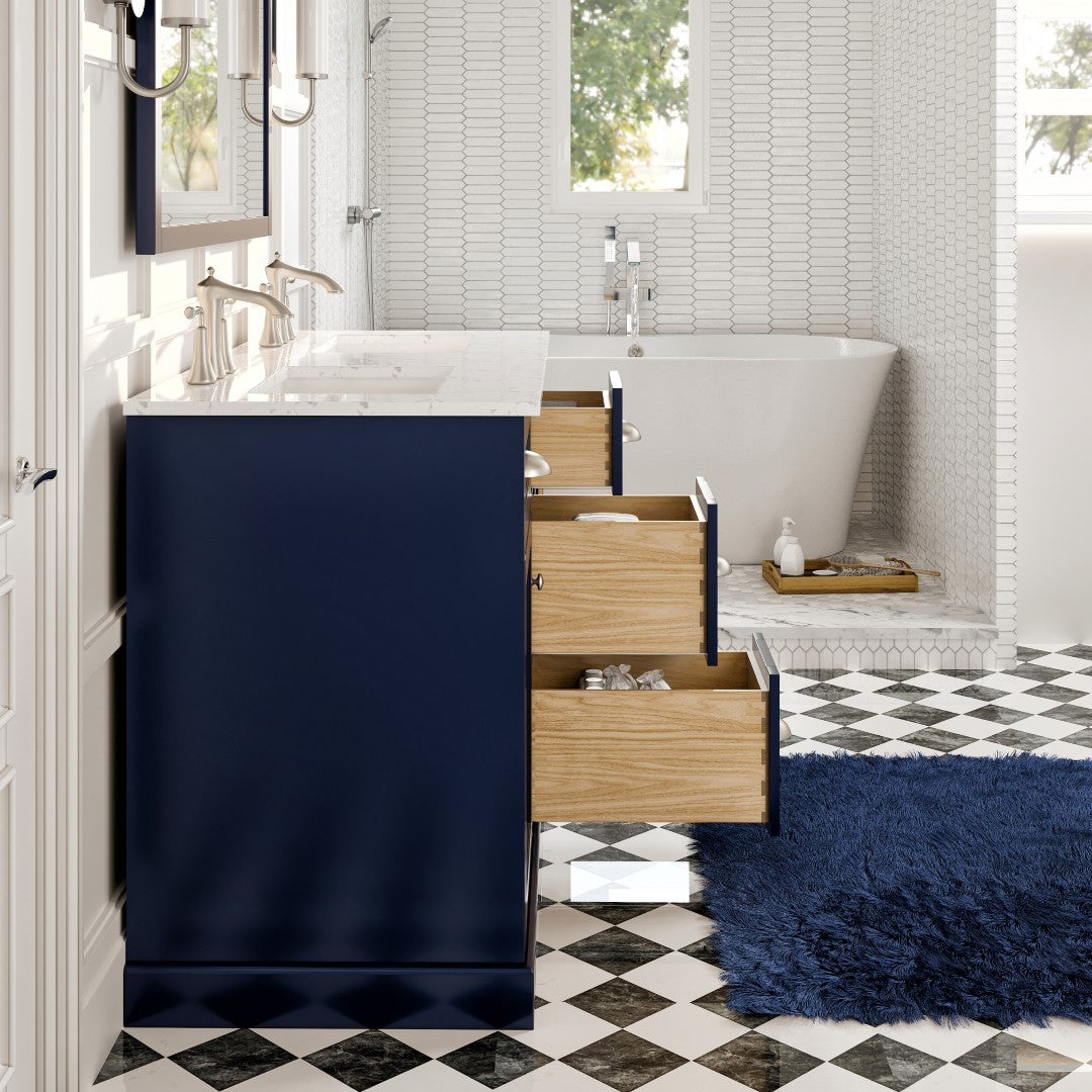 Eviva Epic Bath Vanity with Carrara Quartz Top and Undermount Porcelain Sinks (48"-100")