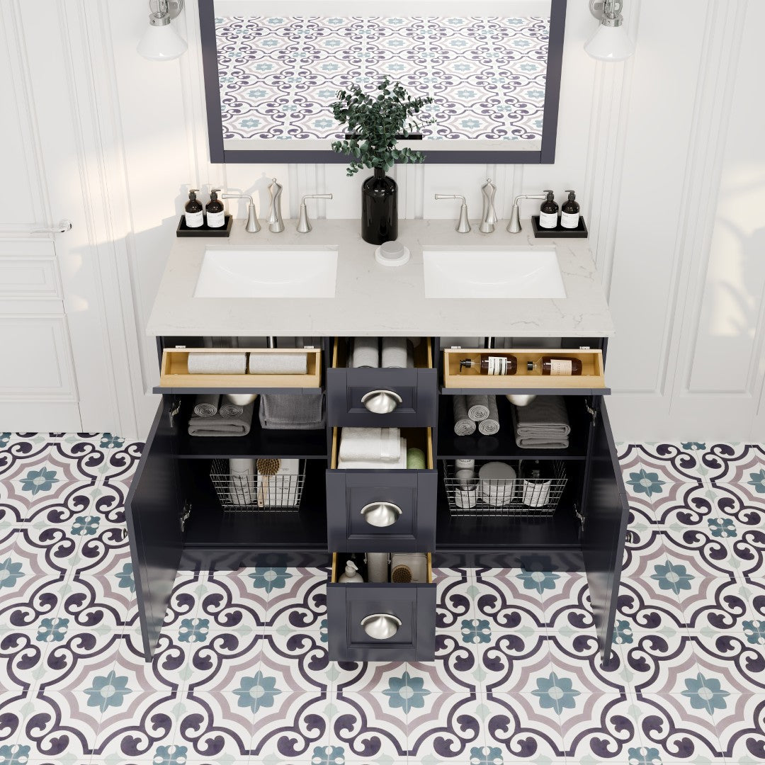 Eviva Epic Bath Vanity with Carrara Quartz Top and Undermount Porcelain Sinks (48"-100")