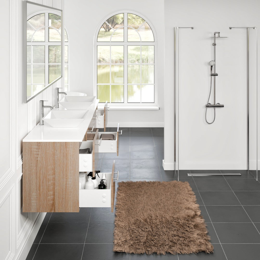 Eviva Luxy Wall Mount Bath Vanity with White Quartz Top and Vessel Porcelain Sinks