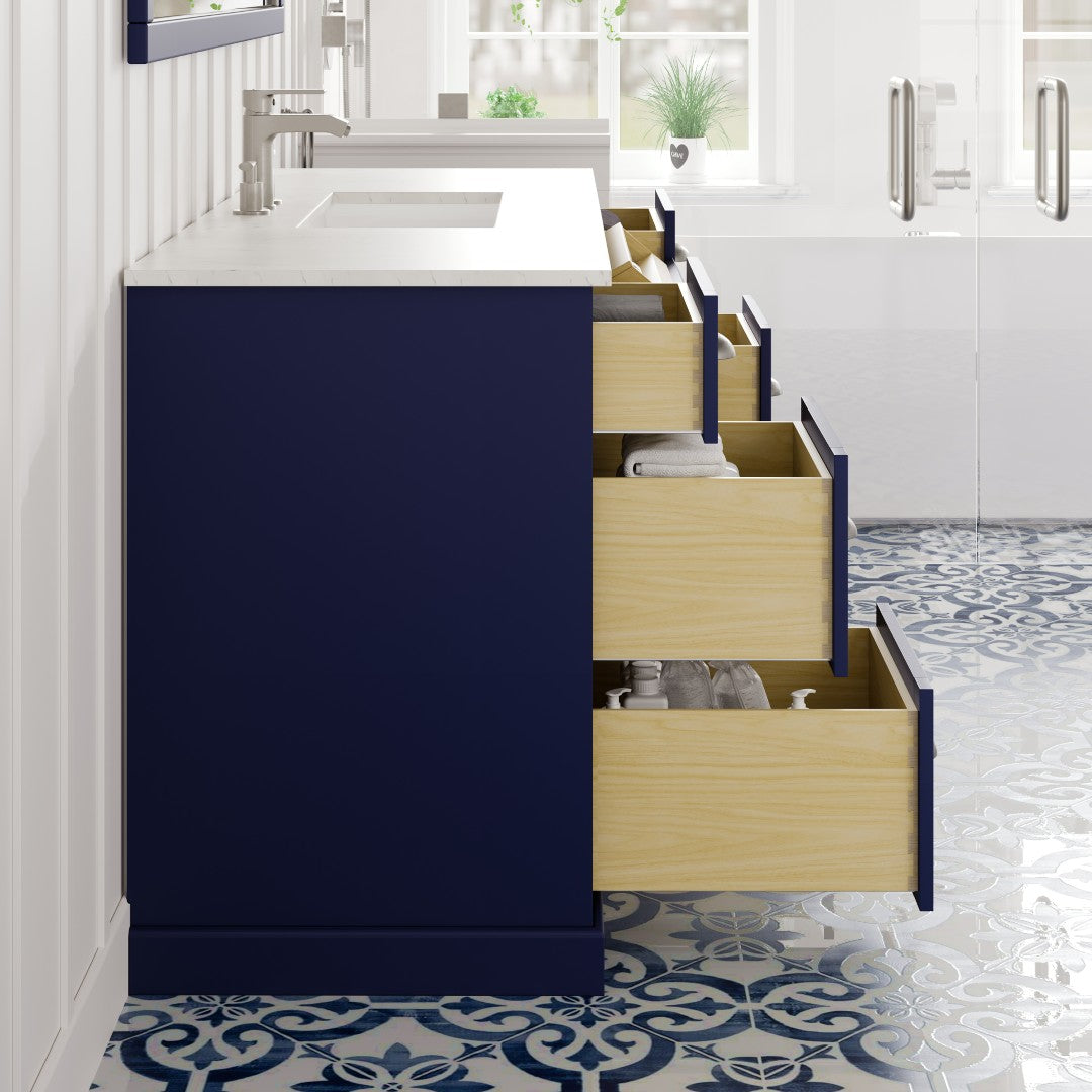 Eviva Epic Bath Vanity with Carrara Quartz Top and Undermount Porcelain Sinks (48"-100")