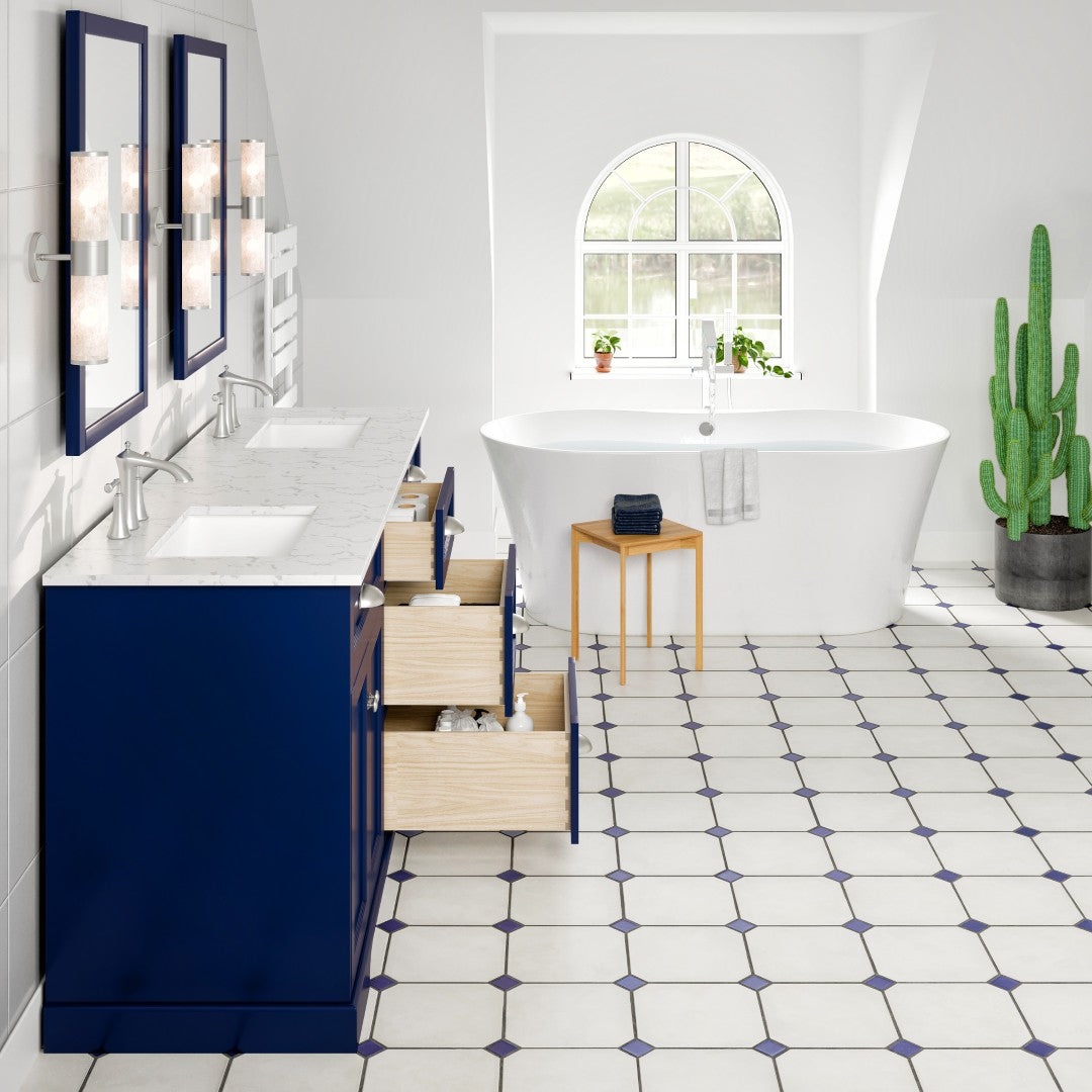 Eviva Epic Bath Vanity with Carrara Quartz Top and Undermount Porcelain Sinks (48"-100")