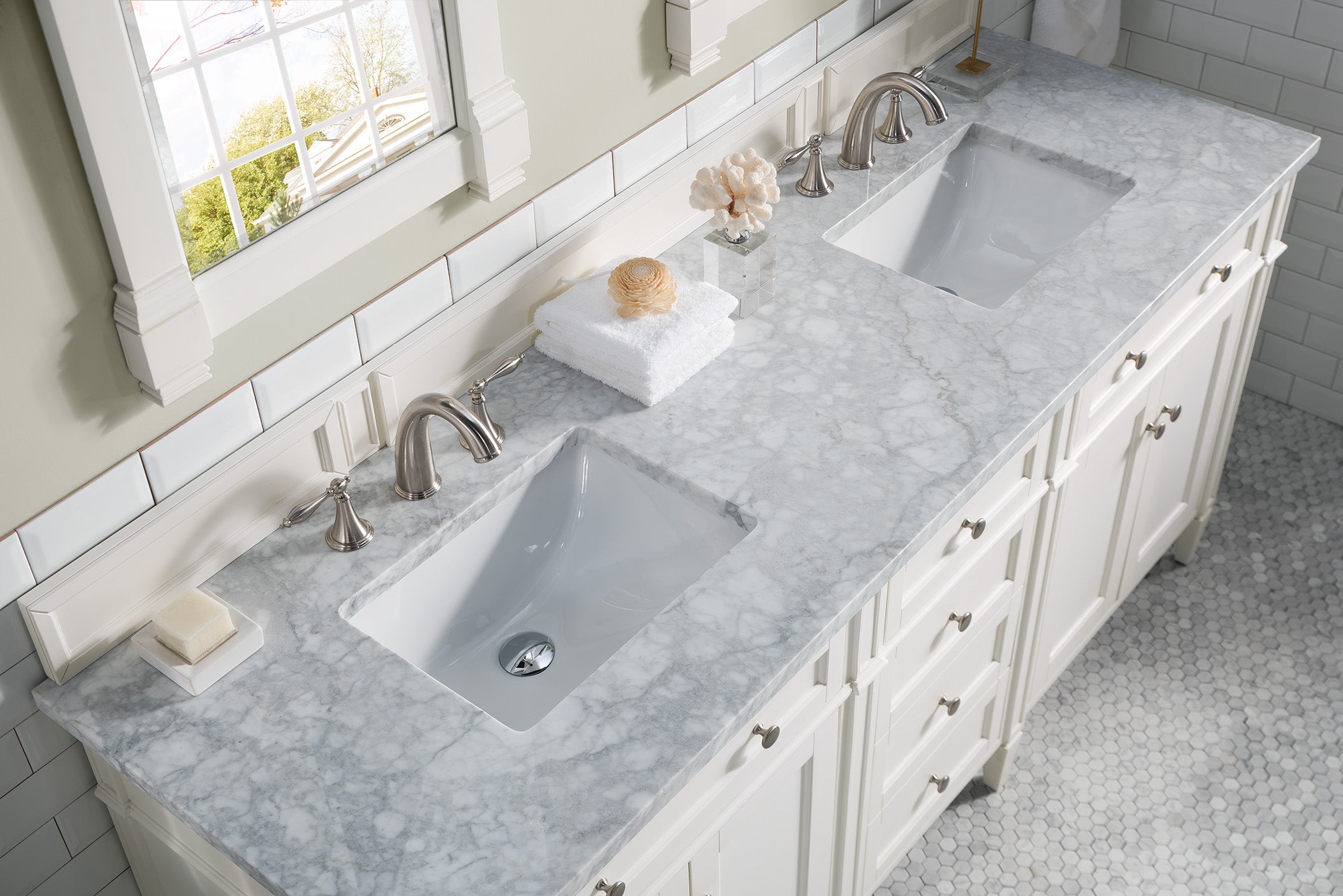James Martin Brittany 72" Double Vanity in Bright White with 3cm Countertop