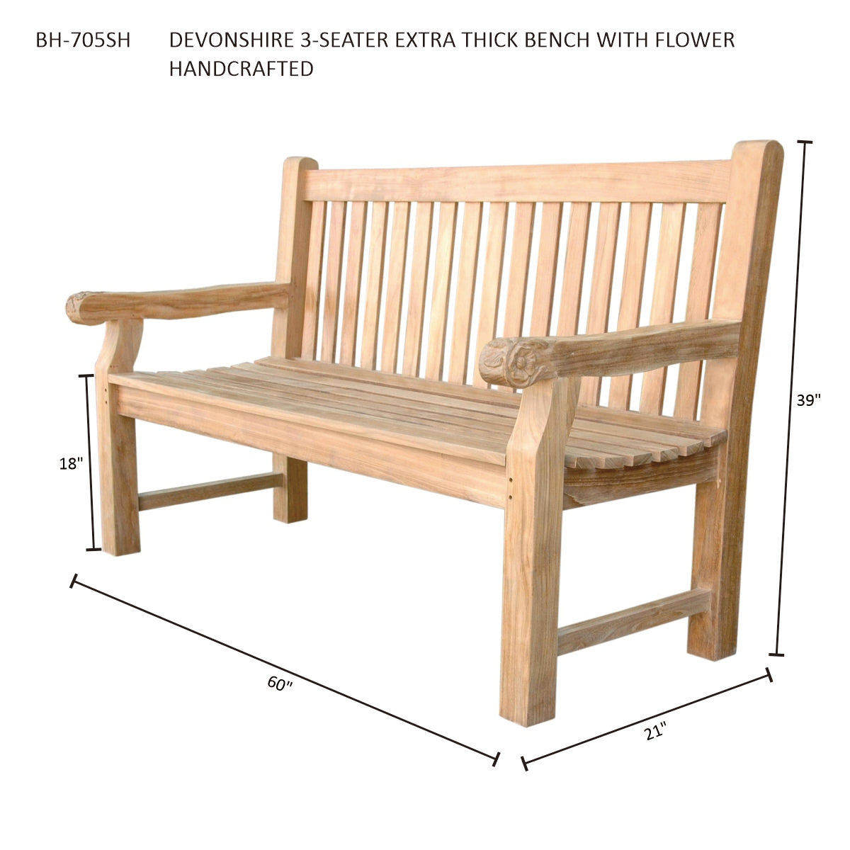Devonshire 3-Seater Extra Thick Bench With Flower Handcrafted