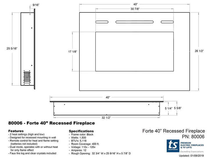 Touchstone The Forte® 40" Recessed Smart Electric Fireplace with Heat – 80006