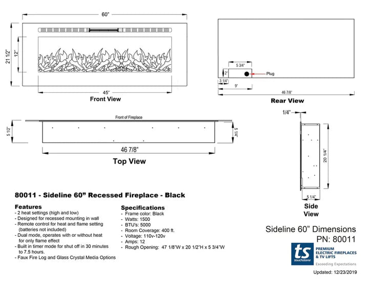 Touchstone Sideline® 60″ Recessed Smart Electric Fireplace with Heat – 80011
