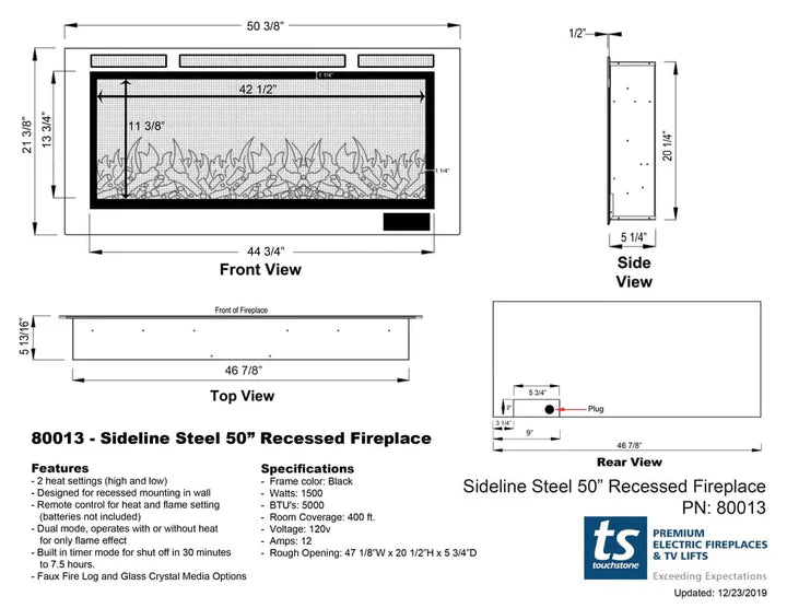 Touchstone Sideline Steel® 50" Recessed Electric Fireplace with Heat – 80013