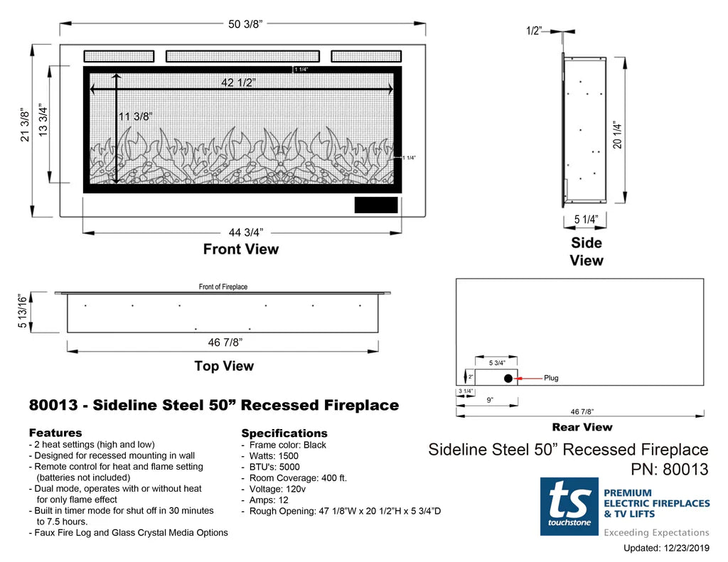 Touchstone Sideline Steel® 50" Recessed Electric Fireplace with Heat – 80013