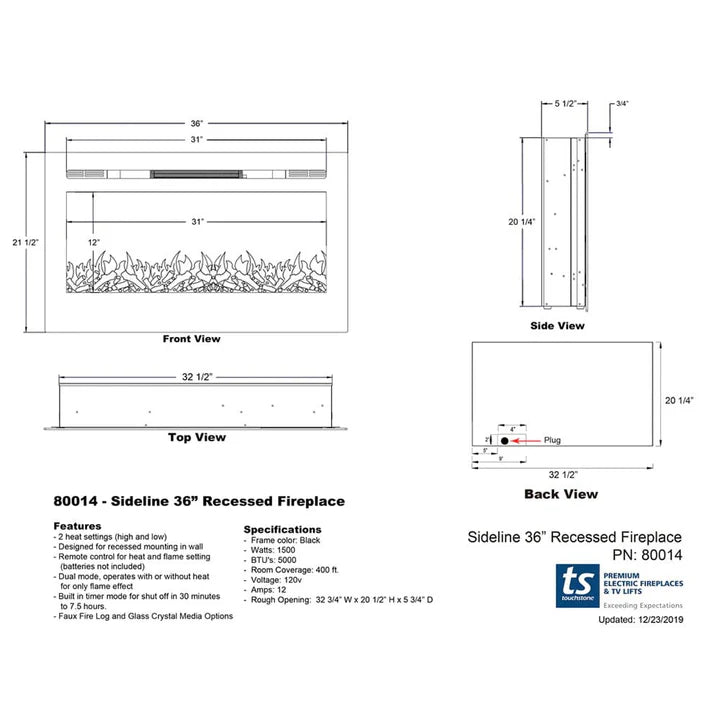 Touchstone Sideline® 36" Recessed Smart Electric Fireplace with Heat – 80014