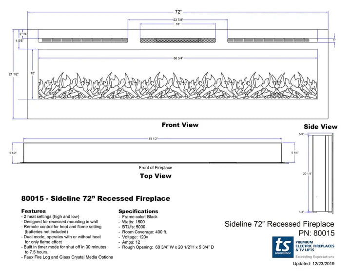 Touchstone Sideline® 72″ Recessed Smart Electric Fireplace with Heat – 80015