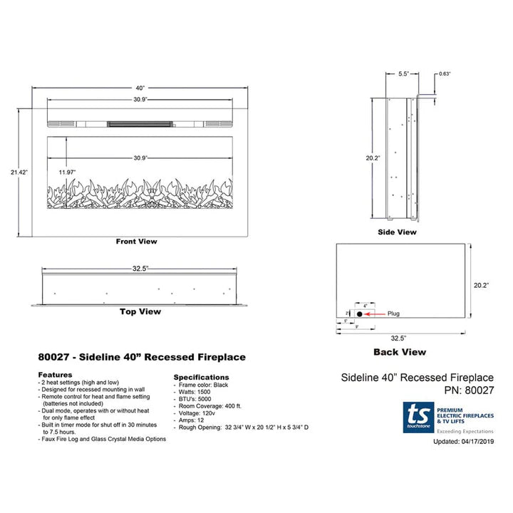 Touchstone Sideline® 40" Recessed Smart Electric Fireplace with Heat – 80027