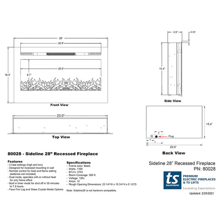 Touchstone Sideline® 28" Recessed Smart Electric Fireplace with Heat – 80028