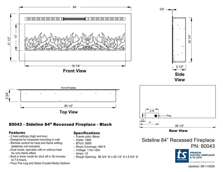 Touchstone Sideline® 84" Recessed Smart Electric Fireplace with Heat – 80043