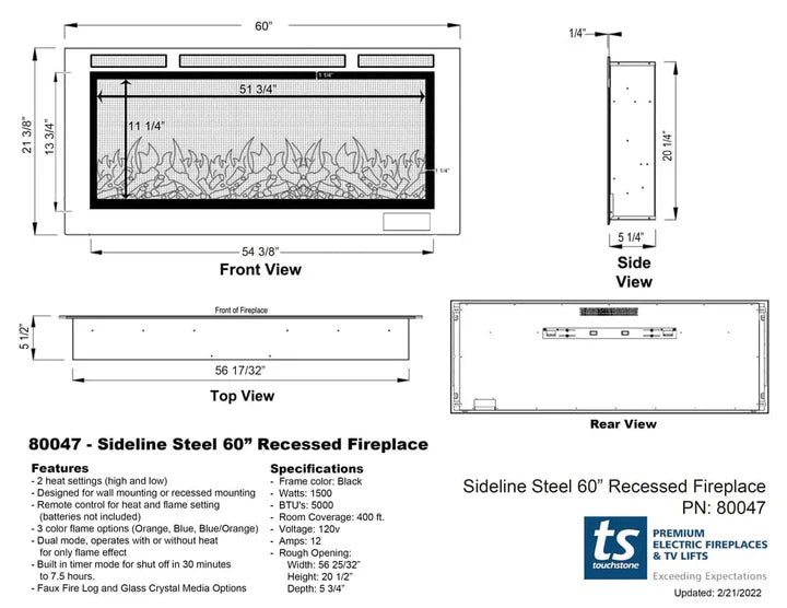 Touchstone Sideline® Steel Mesh Screen 60" Non-Reflective Recessed Electric Fireplace – 80047