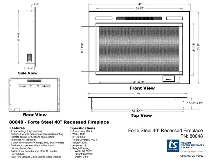 Touchstone Forte™ Steel Mesh Screen 40" Non-Reflective Recessed Electric Fireplace – 80048