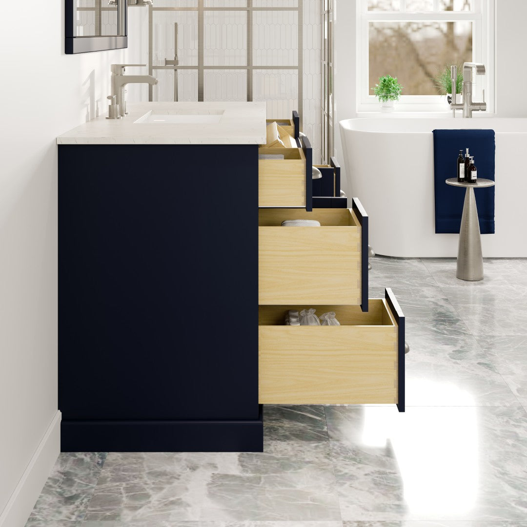 Eviva Epic Bath Vanity with Carrara Quartz Top and Undermount Porcelain Sinks (48"-100")