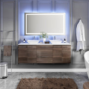 Eviva Lux Wall Mount Bath Vanity with White Quartz Top and Vessel Porcelain Sinks