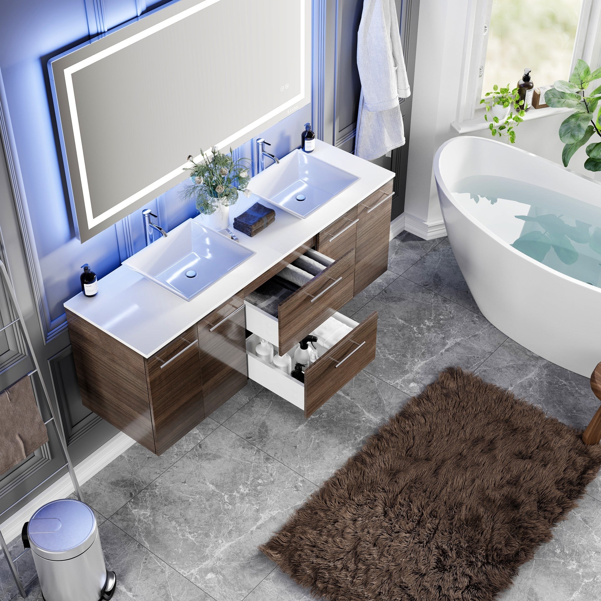 Eviva Lux Wall Mount Bath Vanity with White Quartz Top and Vessel Porcelain Sinks